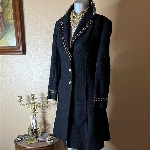 St. John Collection Black Knit Gold Button Chain Collar Coat.SZ S